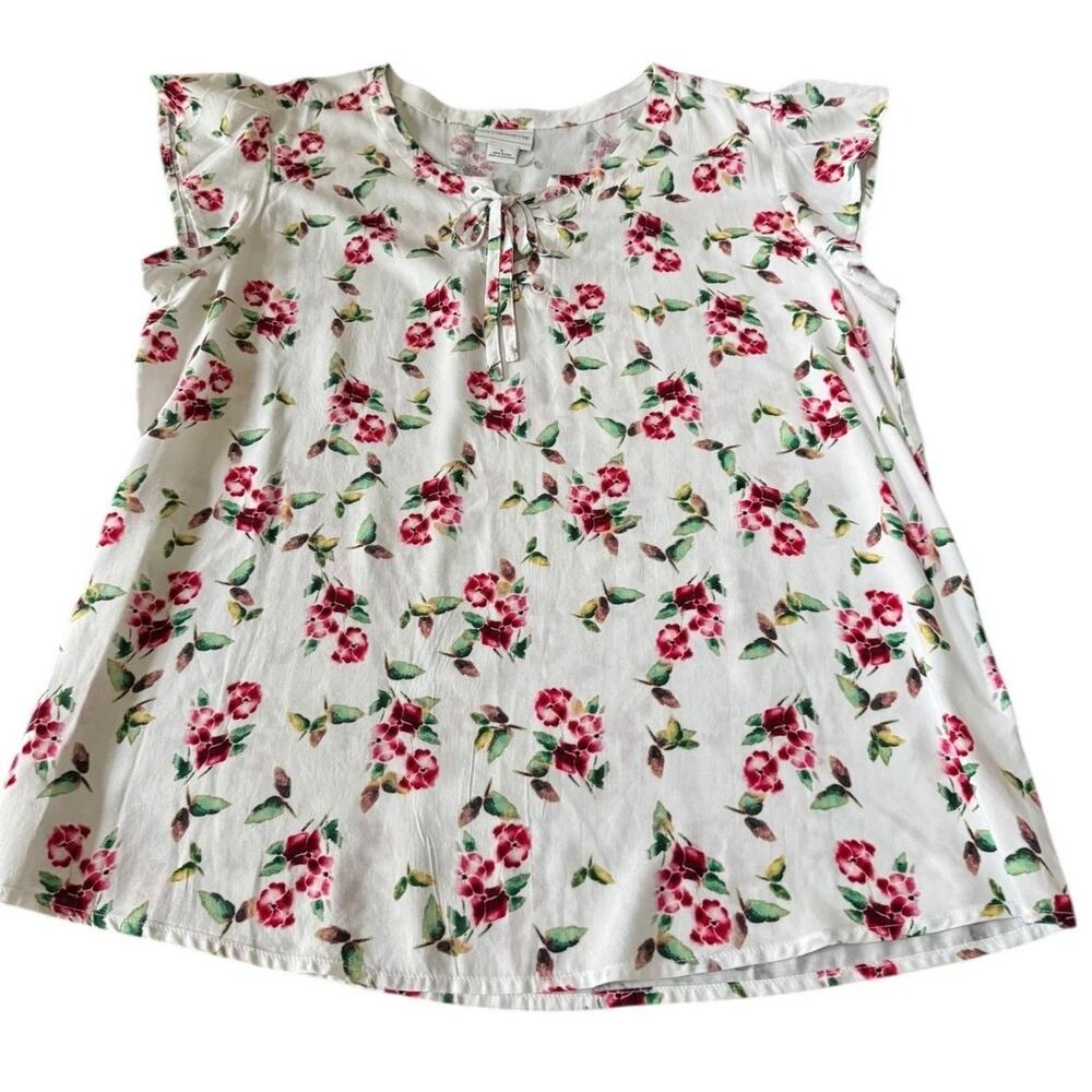 Liz Claiborne Floral Blouse Women’s L White‎ Pink Rayon Short Sleeve Lace Up Top